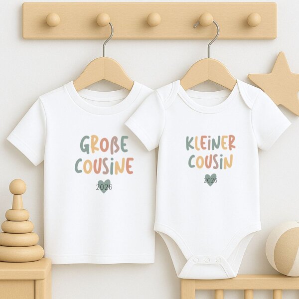 Cousinen Shirts - Große/Kleine Cousine & Großer/Kleiner Cousin - Bunte Buchstaben