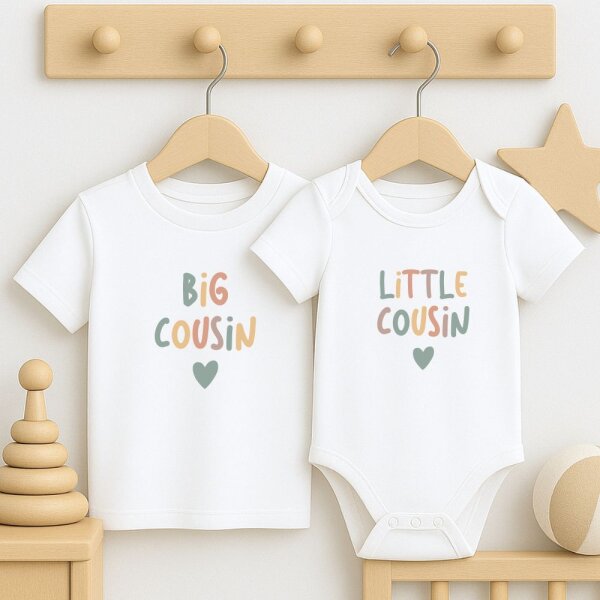Cousinen Shirts - Große/Kleine Cousine & Großer/Kleiner Cousin - Bunte Schrift