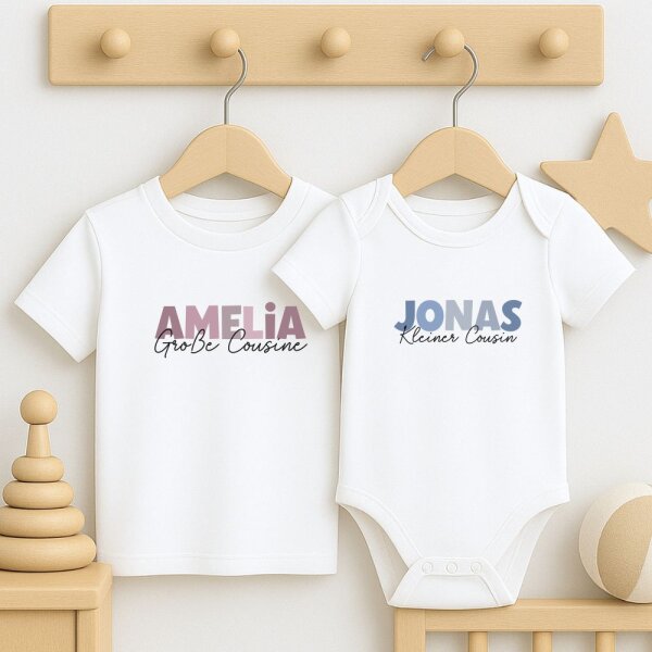 Cousinen Shirts - Große/Kleine Cousine & Großer/Kleiner Cousin - rosa/blaue Buchstaben