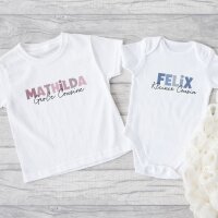 Cousinen Shirts - Große/Kleine Cousine & Großer/Kleiner Cousin - rosa/blaue Buchstaben