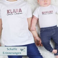 Cousinen Shirts - Große/Kleine Cousine & Großer/Kleiner Cousin - rosa/blaue Buchstaben