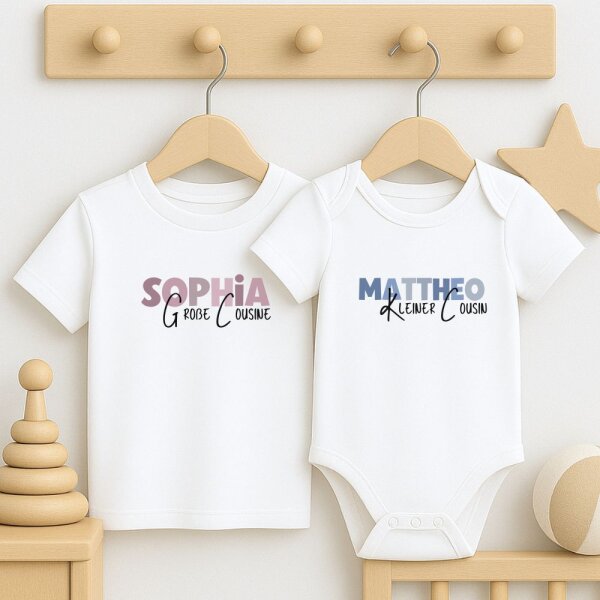 Cousinen Shirts - Große/Kleine Cousine & Großer/Kleiner Cousin - Blau/rosa Schrift