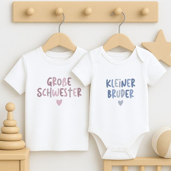 Geschwister Outfit - Große/Kleine Schwester & Großer/Kleiner Bruder - Rosa/blaue Schrift